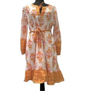 J. Crew 100% Cotton Long Sleeve Block Print Tie Waist Midi Dress Size Small